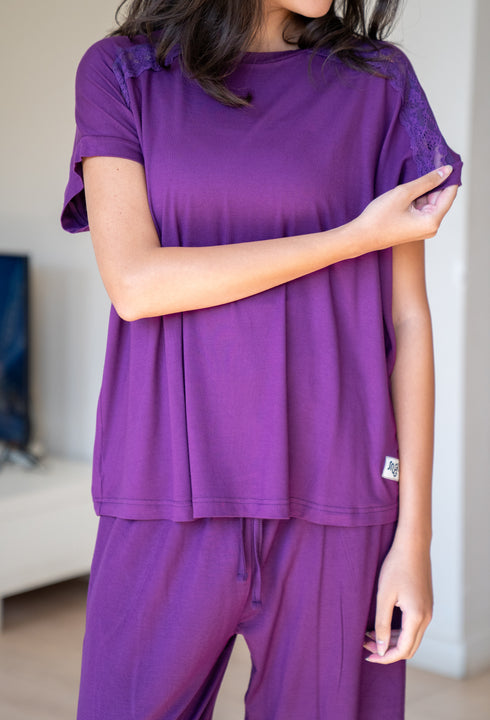 Women summer pajama set Purple Lace shirt + Pants